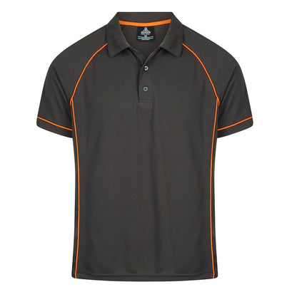 A slate charcoal colour with orange piping smart professional birdseye knit fabric Aussie Pacific N1310 Mens Endeavour Polo