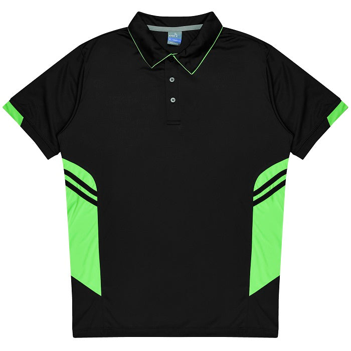Mens black and neon bright green cooling technology, modern fit, professional Aussie Pacific N1311 Mens Tasman Polo