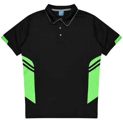 Mens black and neon bright green cooling technology, modern fit, professional Aussie Pacific N1311 Mens Tasman Polo