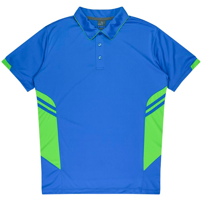 Mens cyan with bright neon green  easy care cooling fabric Aussie Pacific N1311 Tasman Mens Polo