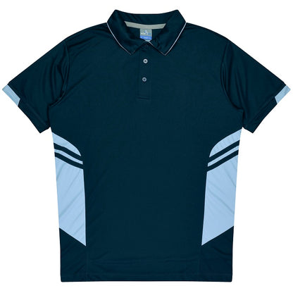 Mens navy with sky blue detail and panel button down antibacterial activewear professional corporate sports polo Aussie Pacific N1311 Mens Tasman Polo