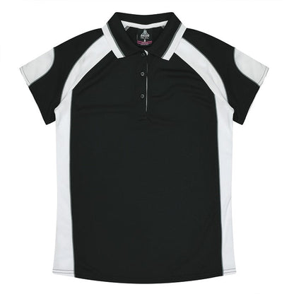 Womens black with white contrast easy care moisture wicking Aussie Pacific N2300 Murray Ladies Polo