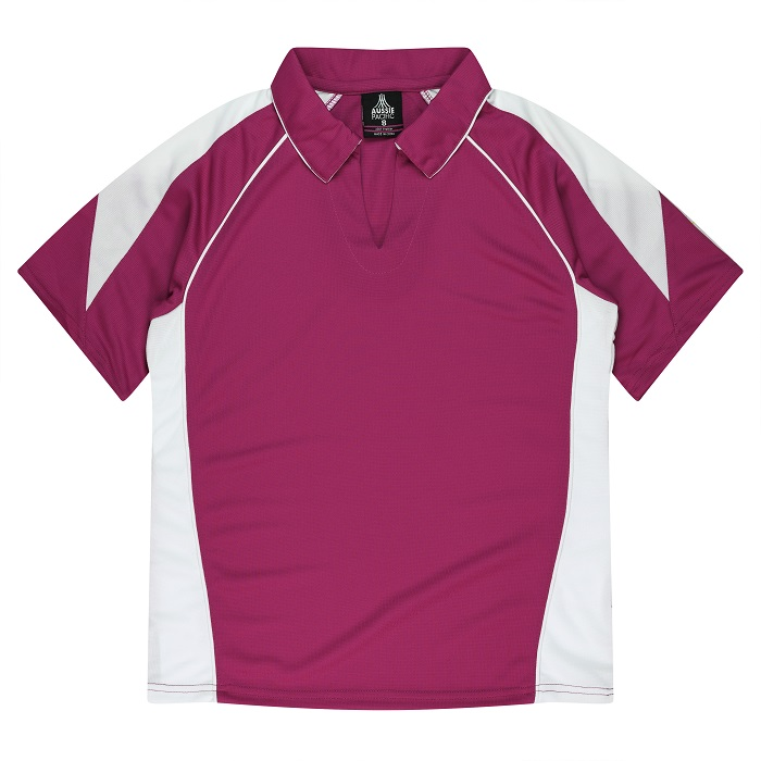 Aussie Pacific N2301 Premier Lady Polos, pink with white, front view