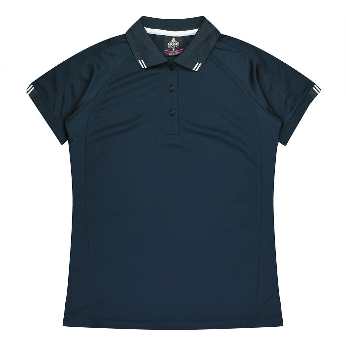Womens dark navy blue with white detail antibacterial fabric polished finish Aussie Pacific N2308 Flinders Lady Polos