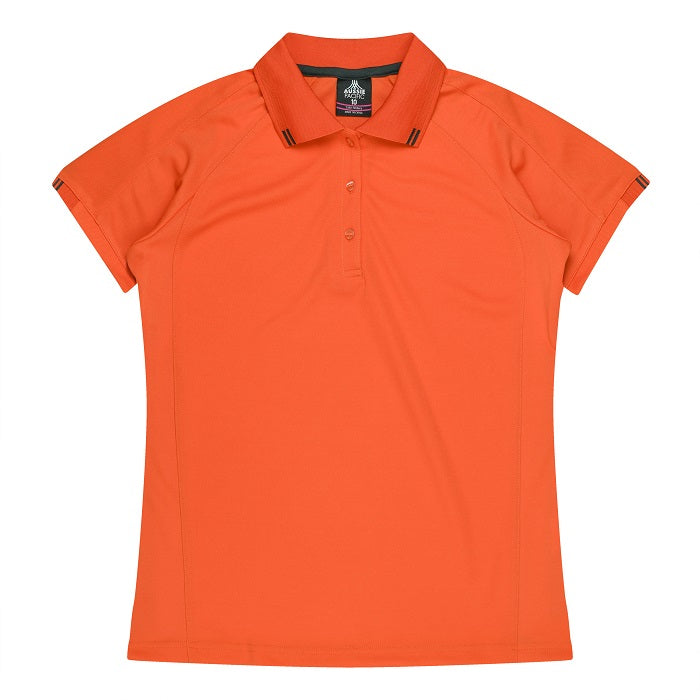 Womens orange with black flattering button down Aussie Pacific N2308 Flinders Lady Polo shirt