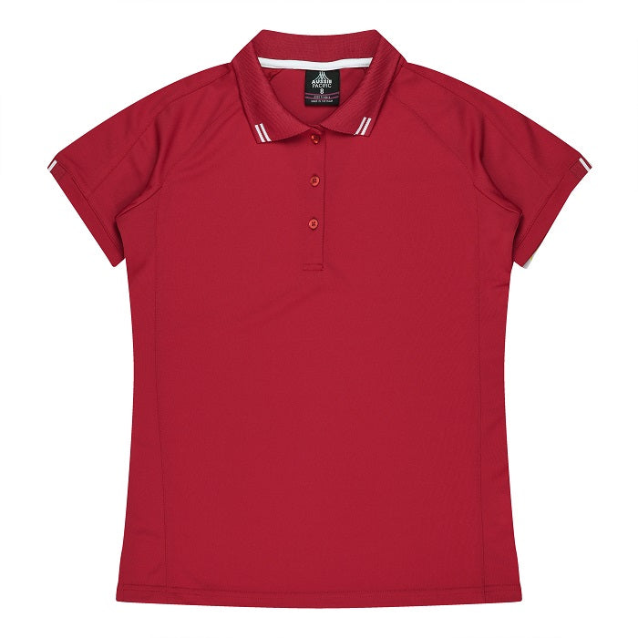 Womens Red with white stripe detail activewear breathable polo Aussie Pacific N2308 Flinders Lady Polos