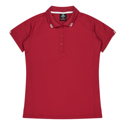 Womens Red with white stripe detail activewear breathable polo Aussie Pacific N2308 Flinders Lady Polos