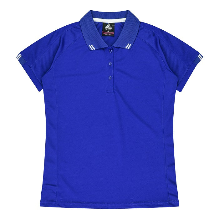 Womens Royal blue with white detail stripes  short sleeve long wearing sports polo Aussie Pacific N2308 Flinders Lady Polos