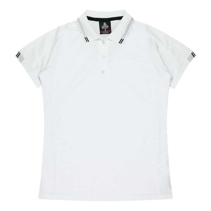 Womens White with black detail, flattering lightweight Aussie Pacific N2308 Flinders Lady Polos