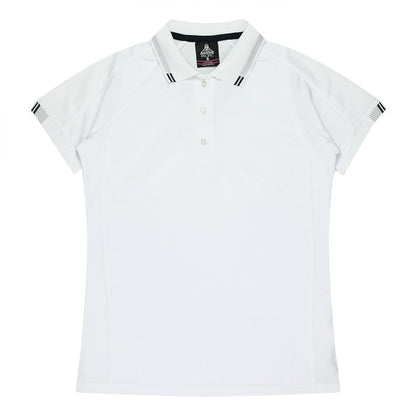 Womens White with black detail, flattering lightweight Aussie Pacific N2308 Flinders Lady Polos