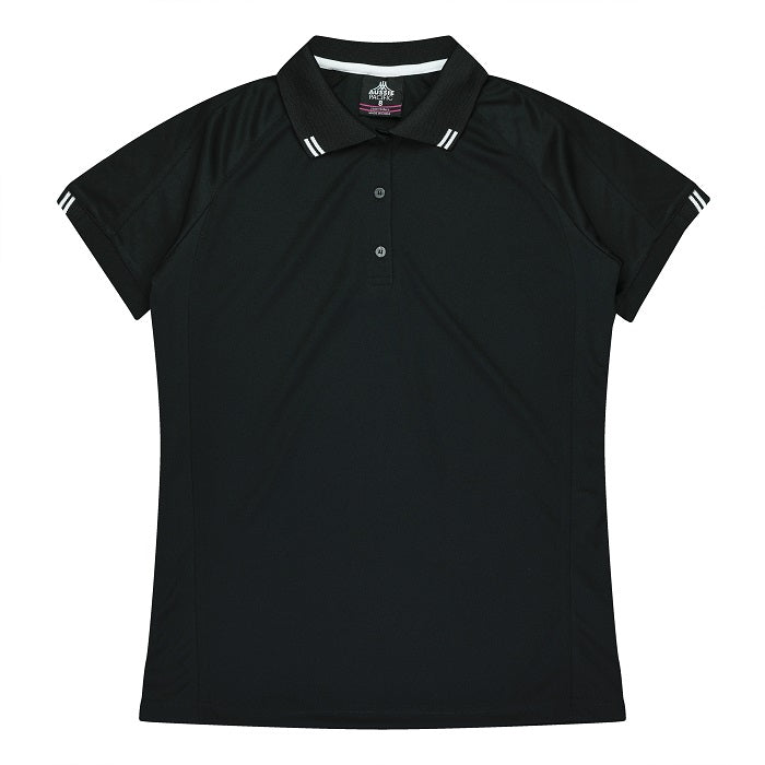 Womens black with white detail sports polo easy wear breathable Aussie Pacific N2308 Flinders Lady Polos
