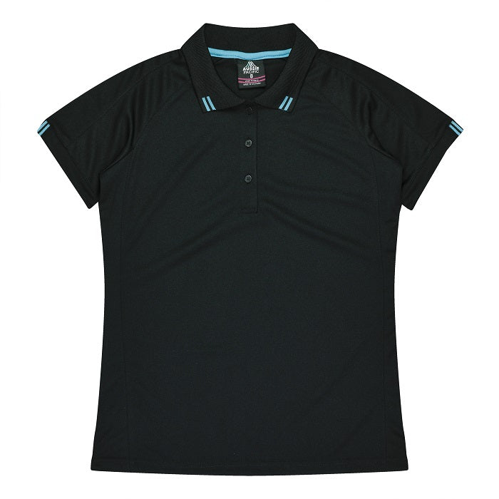 Womens Black with teal blue detail Corporate polo shirt Aussie Pacific N2308 Flinders Lady Polos