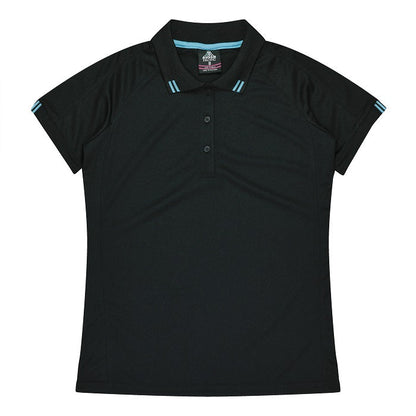Womens Black with teal blue detail Corporate polo shirt Aussie Pacific N2308 Flinders Lady Polos