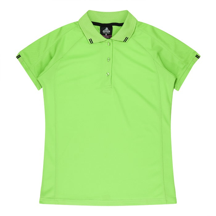 Womens apple green with black detail corporate branding polo with side splits and antibacterial fabric Aussie Pacific N2308 Flinders Lady Polos