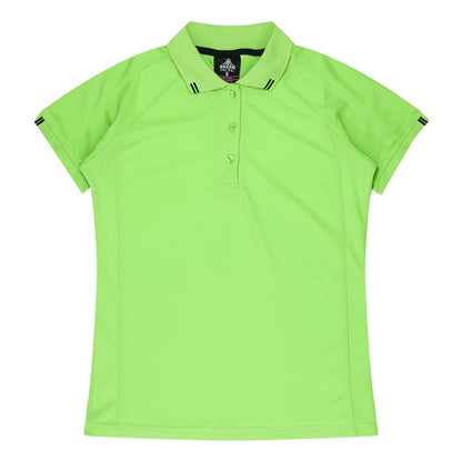 Womens apple green with black detail corporate branding polo with side splits and antibacterial fabric Aussie Pacific N2308 Flinders Lady Polos