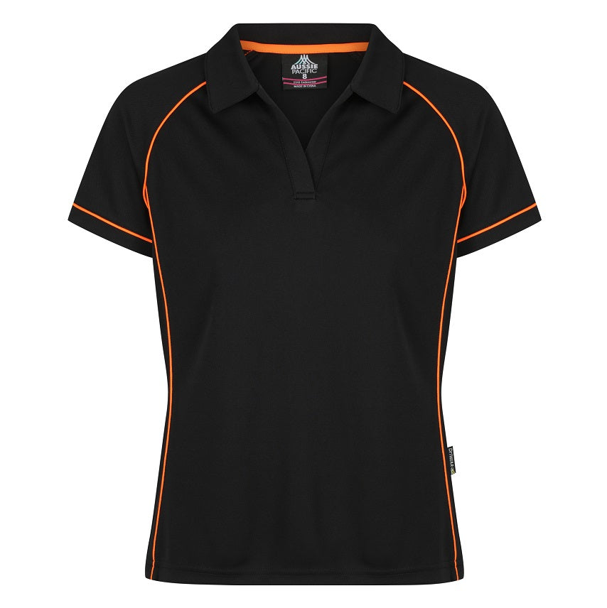 Womens black with orange piping V neck short sleeve Aussie Pacific N2310 Endeavour Ladies Polo