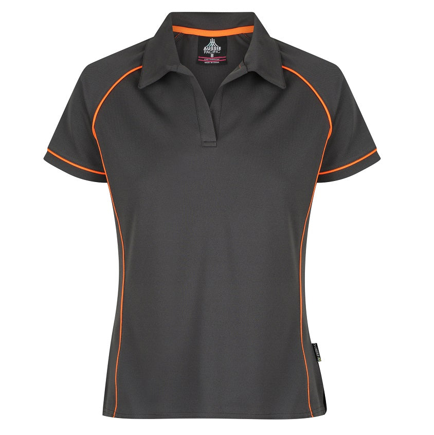 Womens slate grey charcoal with orange contrasting piping smart professional birdseye knit fabric Aussie Pacific N2310 Endeavour Ladies Polo
