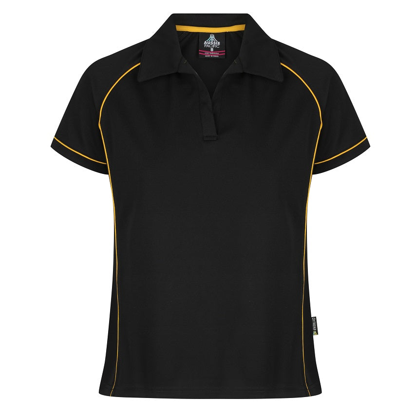 A black and gold colored ladies' polo shirt featuring a V-neck Johnny collar and side splits. Aussie Pacific N2310 Endeavour Ladies Polo 