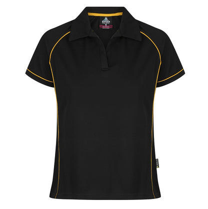 A black and gold colored ladies' polo shirt featuring a V-neck Johnny collar and side splits. Aussie Pacific N2310 Endeavour Ladies Polo 