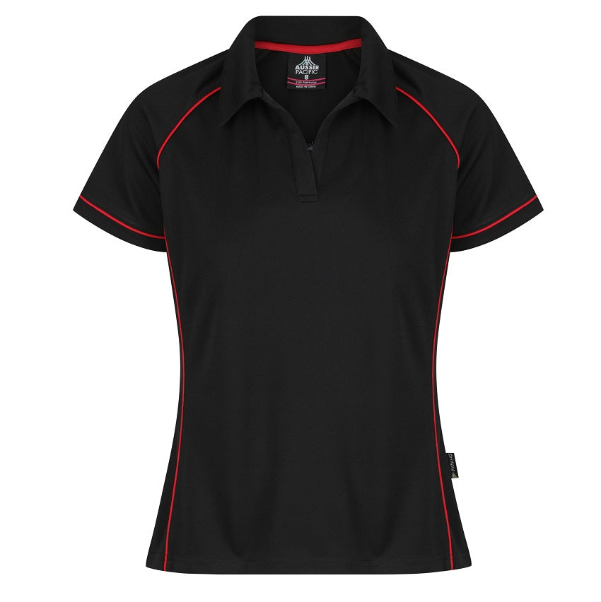 womens black with red contrast piping V-neck collar antibacterial polo Aussie Pacific N2310 Endeavour Ladies Polo
