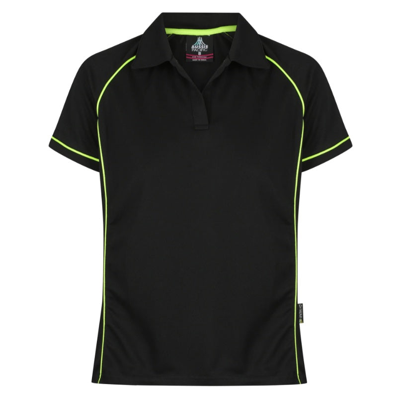 womens black with bright green lime coloured contrasting piping and flattering side splits Aussie Pacific N2310 Endeavour polo