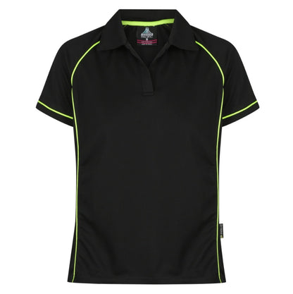womens black with bright green lime coloured contrasting piping and flattering side splits Aussie Pacific N2310 Endeavour polo