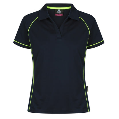 Womens dark navy blue with bright lime green contrasting piping, professional, executive, corporate Aussie Pacific N2310 Endeavour Ladies Polo