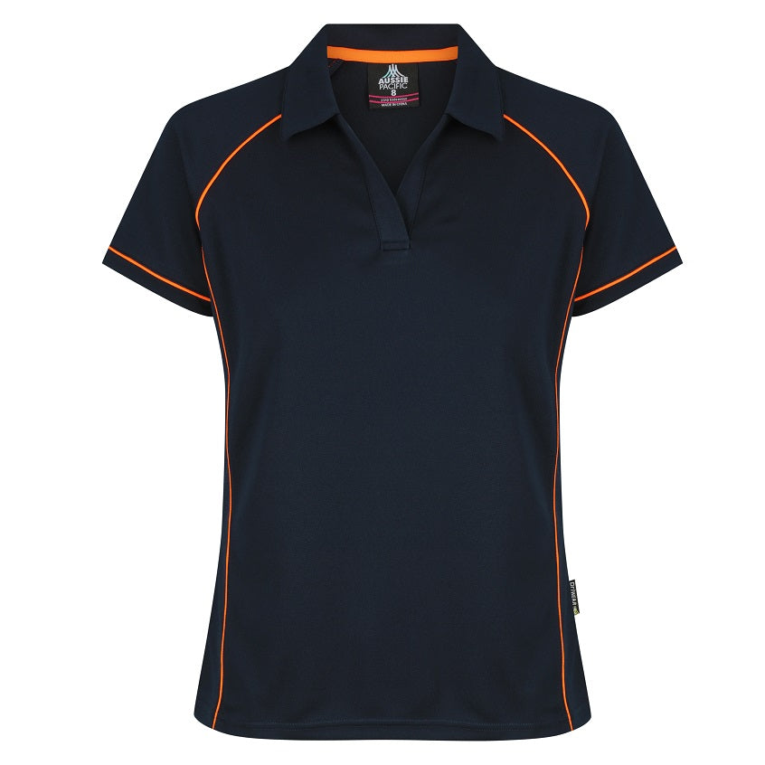 womens dark navy blue with bright orange piping executive professional anti bacterial Aussie Pacific N2310 Endeavour Ladies Polo