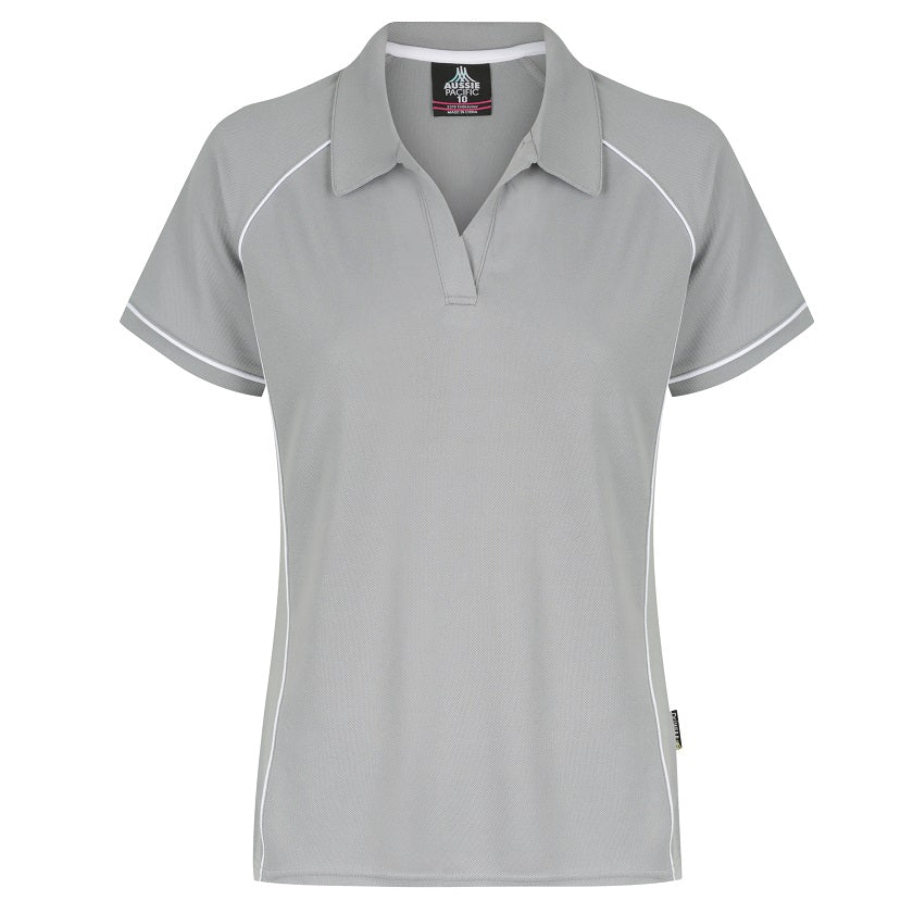 womens light grey silver with contrast white piping, Side splits for enhanced movement, modern fit Aussie Pacific N2310 Endeavour Ladies Polo 