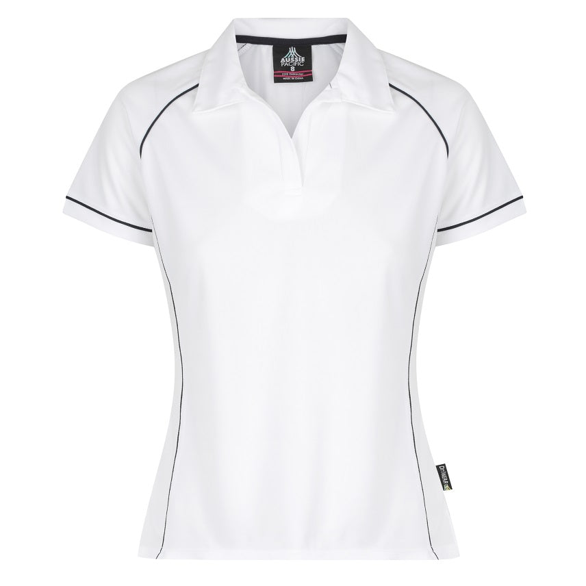 ladies white with navy piping V neck polo breathable long wearing everyday Aussie Pacific N2310 Endeavour Ladies Polo