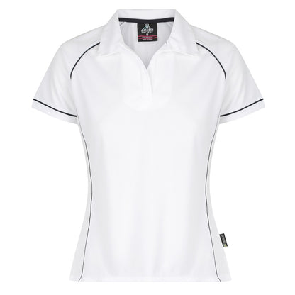 ladies white with navy piping V neck polo breathable long wearing everyday Aussie Pacific N2310 Endeavour Ladies Polo
