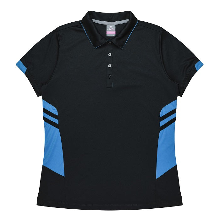 ladies black with cyan blue everyday fitness polo Aussie Pacific N2311 Tasman Ladies Polo