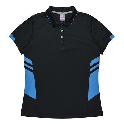 ladies black with cyan blue everyday fitness polo Aussie Pacific N2311 Tasman Ladies Polo