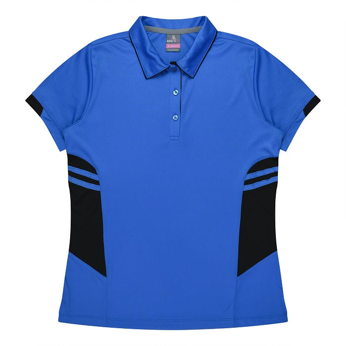 Womens Cyan blue and black modern fit with side vents Aussie Pacific N2311 Tasman Ladies Polo
