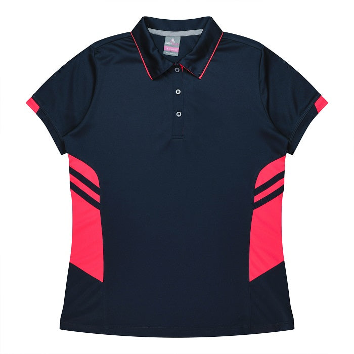 Womens professional sports polo navy and neon pink flattering design Aussie Pacific N2311 Tasman Ladies Polo