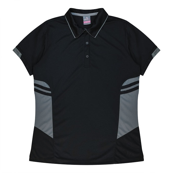 ladies black with ashe grey moisture wicking Aussie Pacific N2311 Tasman Ladies Polo