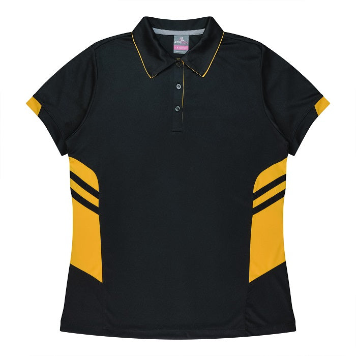 ladies shorts sleeve black with gold details classic Aussie Pacific N2311 Tasman Ladies Polo
