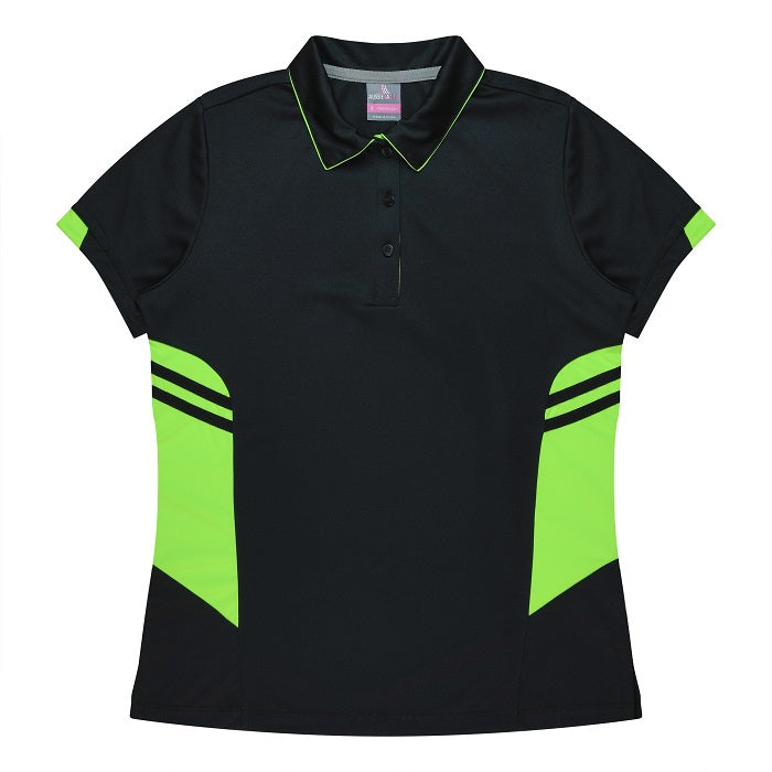 womens Black with neon green, cooling technology, modern fit, professional Aussie Pacific N2311 Tasman Ladies Polo