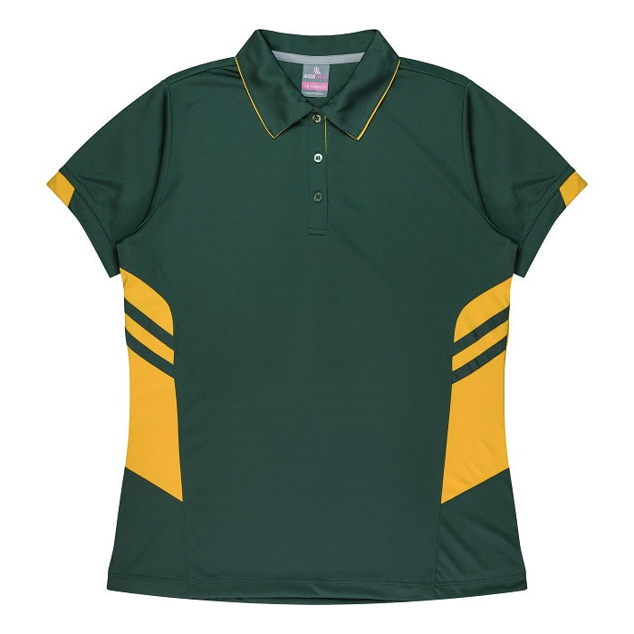 Womens bottle green and gold, comfortable, durable , modern style Aussie Pacific N2311 Tasman Ladies Polo 