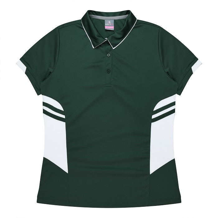 womens bottle green and white, lightweight performance polyester, Aussie Pacific N2311 Tasman Ladies Polo