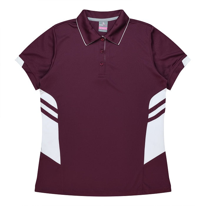 ladies maroon and white short sleeve modern fit Aussie Pacific N2311 Tasman Ladies Polo