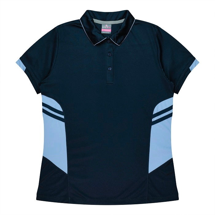 Womens Navy sky blue button down short sleeve sports polo moisture removal technology Aussie Pacific N2311 Tasman Ladies Polo