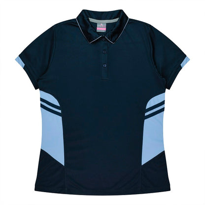 Womens Navy sky blue button down short sleeve sports polo moisture removal technology Aussie Pacific N2311 Tasman Ladies Polo