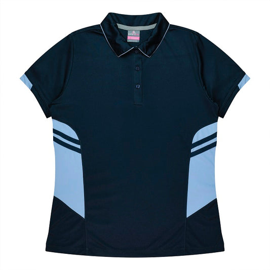 Womens Navy sky blue button down short sleeve sports polo moisture removal technology Aussie Pacific N2311 Tasman Ladies Polo