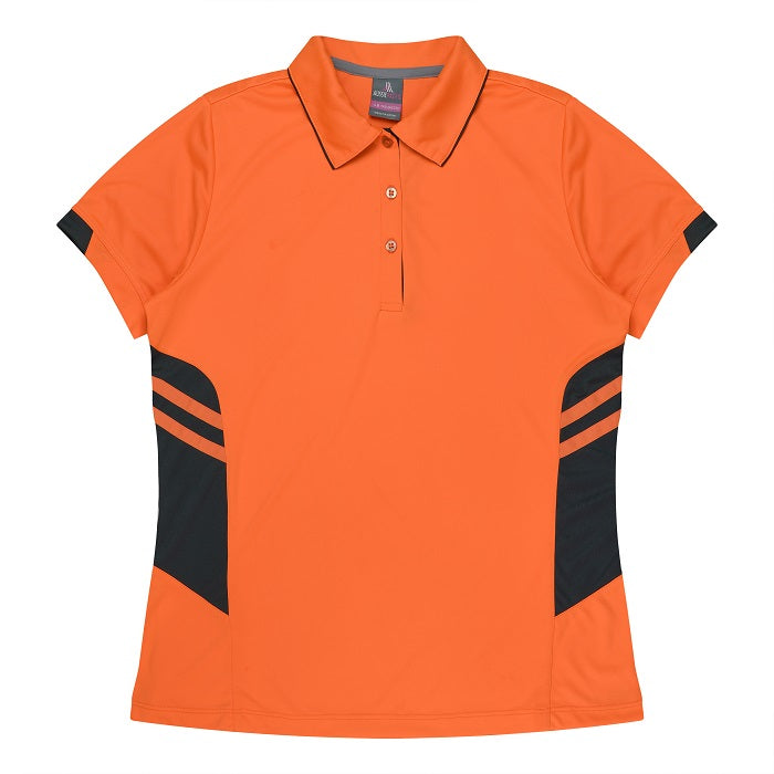 womens bright neon orange and black exercise polo Aussie Pacific N2311 Tasman Ladies Polo