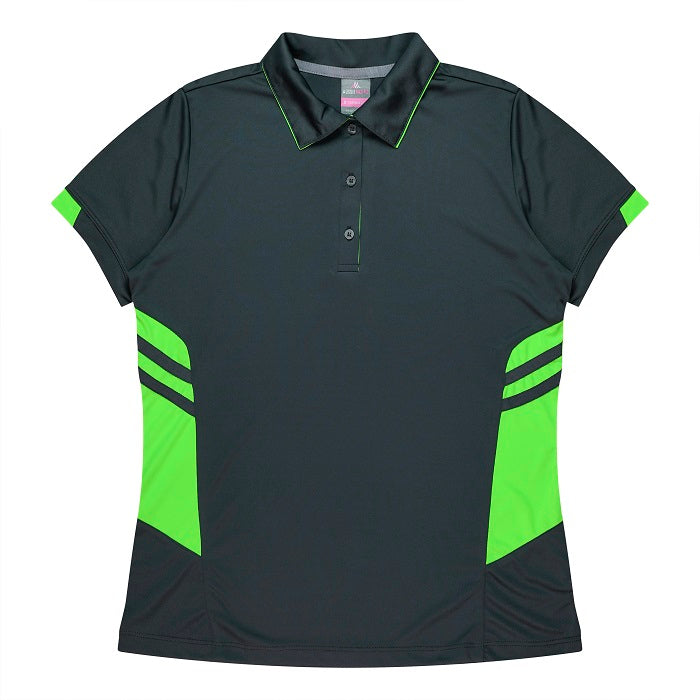 womens slate grey and neon green detail,  ladies polo shirt Aussie Pacific N2311 Tasman Ladies Polo