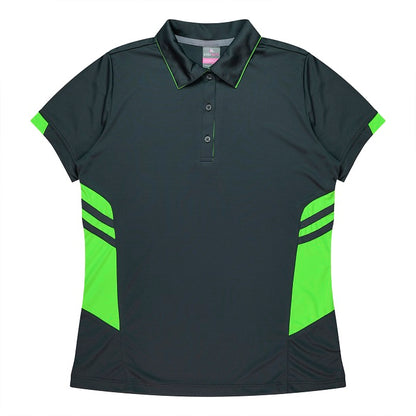 womens slate grey and neon green detail,  ladies polo shirt Aussie Pacific N2311 Tasman Ladies Polo