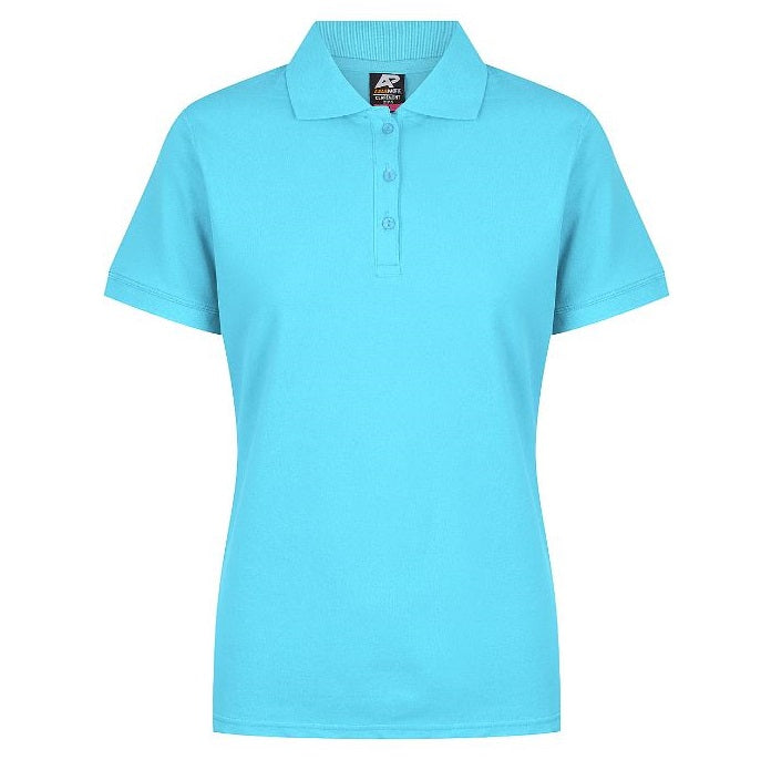women's Cyan Blue premium cotton button down placard knit colour and cuffs short sleeve polo shirt promotional clothing, work polo, breathable polo