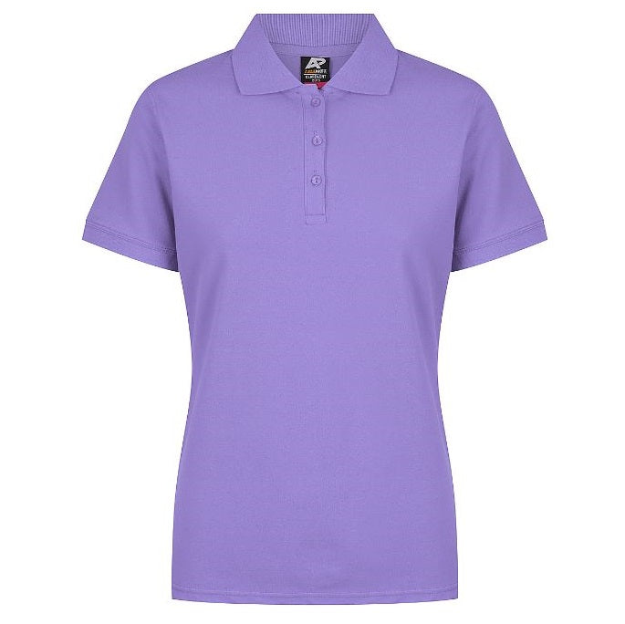women's short-sleeve polo shirt in solid lavender purple, featuring a classic collar and a three-button placket, women's polo shirt, cotton stretch polo, branded polo shirt, embroidered polo, custom logo polo, team polo, corporate uniform