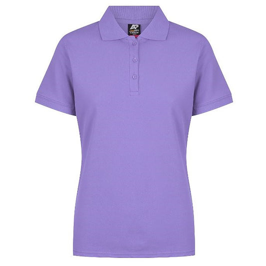 women's short-sleeve polo shirt in solid lavender purple, featuring a classic collar and a three-button placket, women's polo shirt, cotton stretch polo, branded polo shirt, embroidered polo, custom logo polo, team polo, corporate uniform